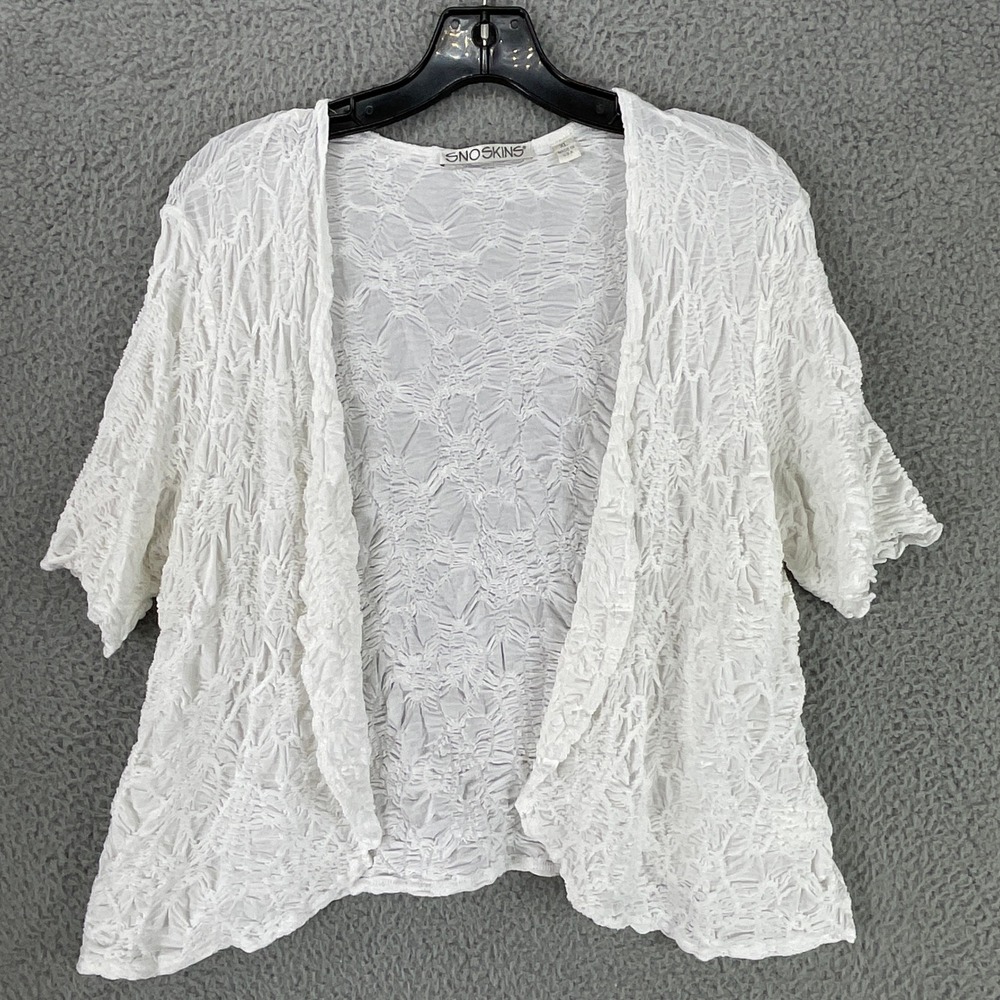 Snoskins Cardigan Womens XL White Textured Crinkle Open Front Stretch USA